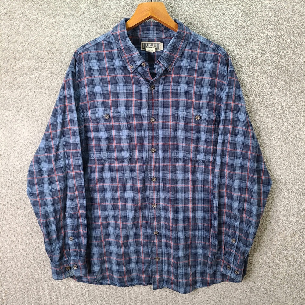 Duluth Trading Co Shirt Mens XL Tall Blue Red Plaid Relaxed Fit Cotton Button Up